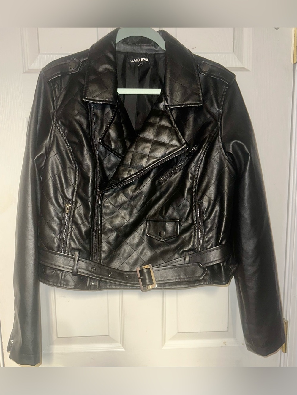 Fashion Nova Black Quilted Faux Leather Moto Jacket with Belt